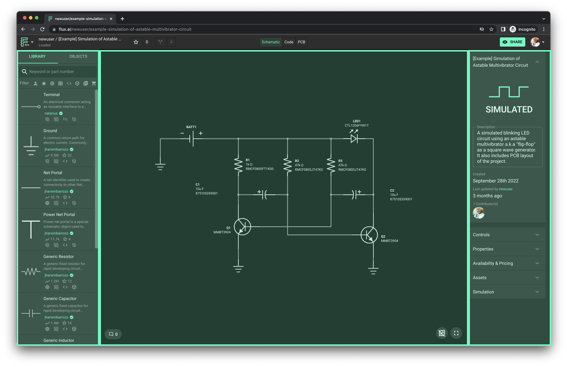 A schematic diagram of simple circuit on a web browser.