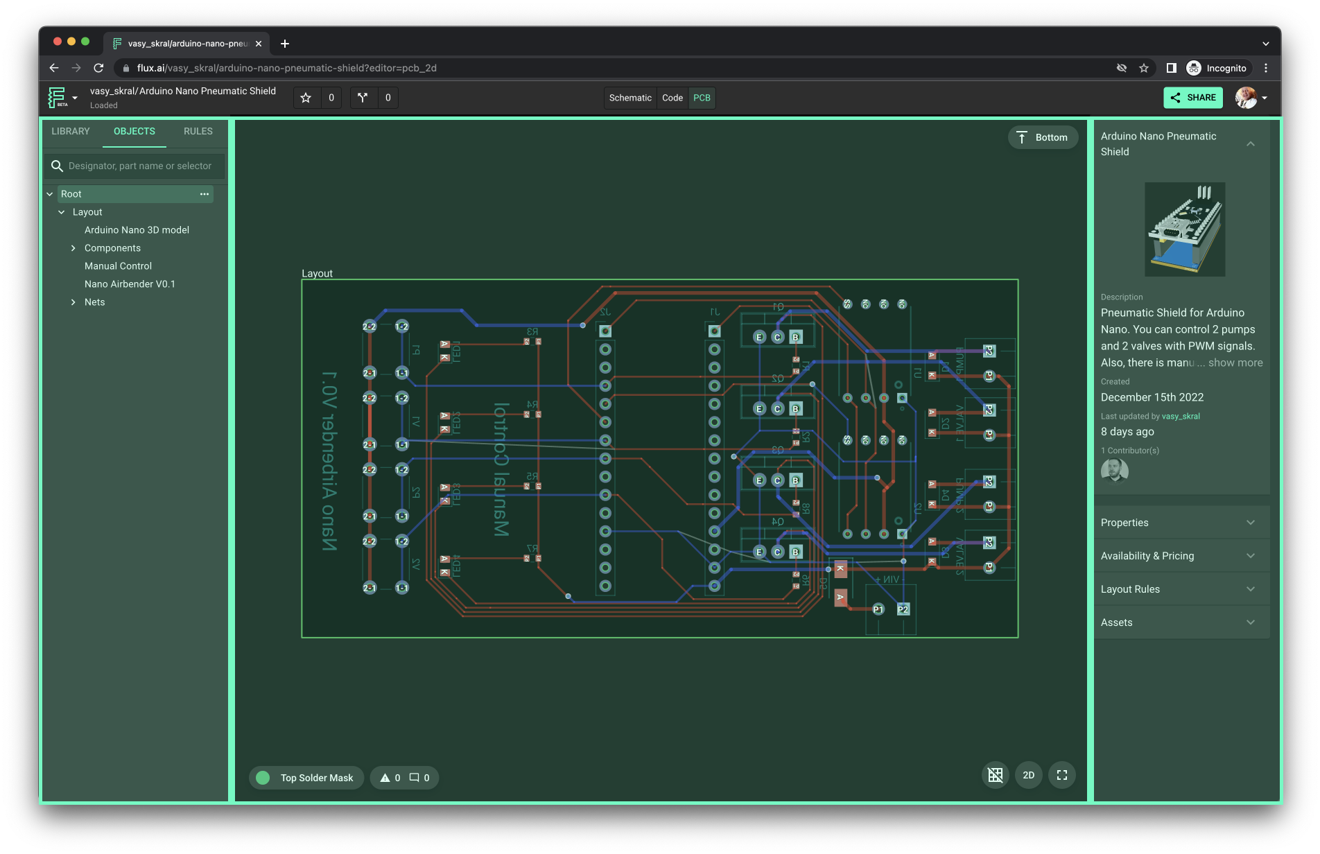 A pcb layout of a pneuamatic shield for Arduino shown in a web browser.