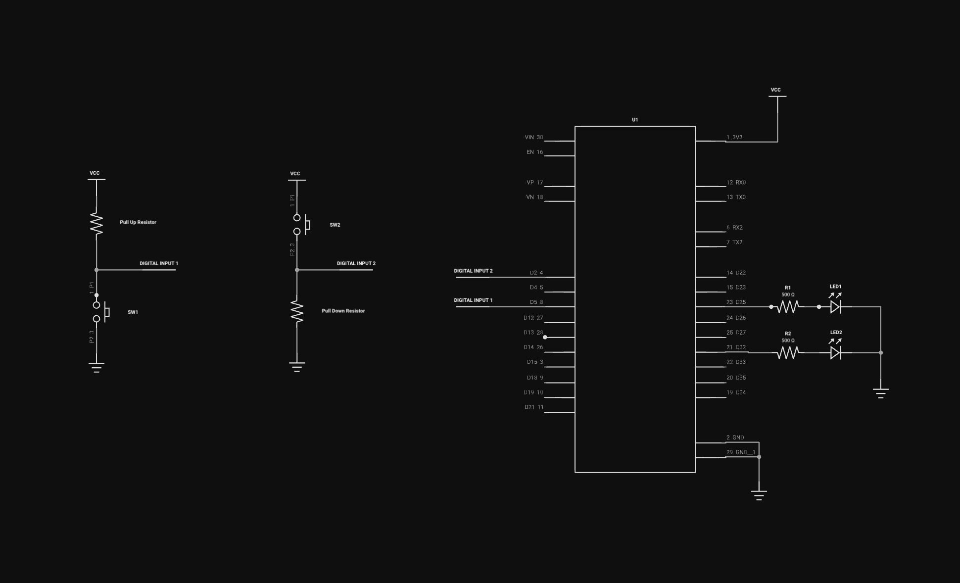A typical schematic diagram of pull-up resistor and pull-down resistors used in ESP32 microcontroller