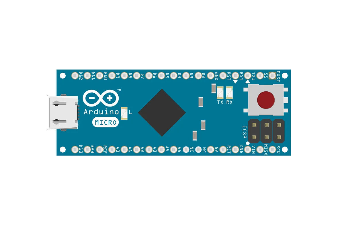 3D rendered top view of Arduino Micro microcontroller board, the compact and portable arduino board