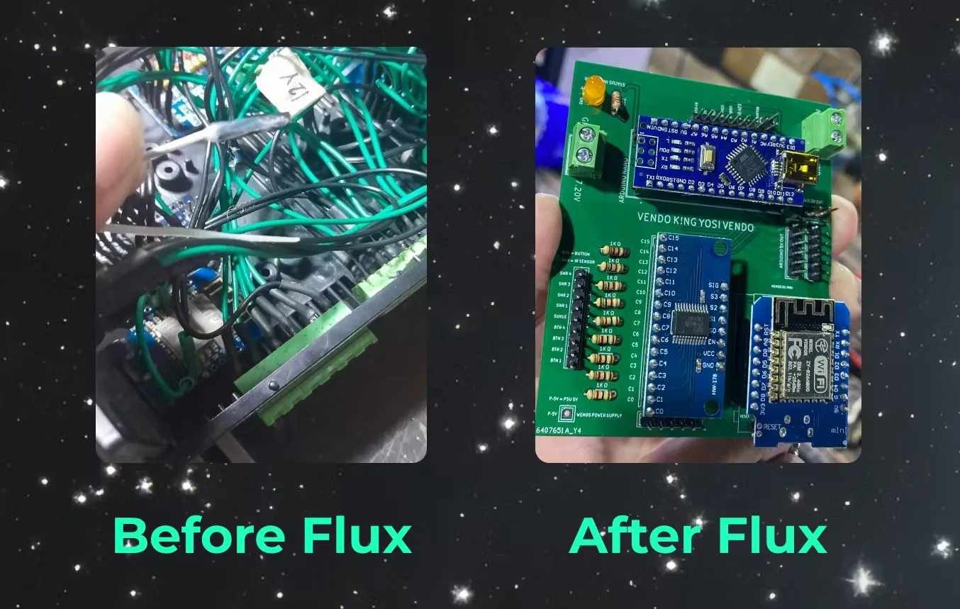 Left: a circuit board with messy wires using a breadboard. Right: Clean printed circuit board with organized connections through PCB traces.