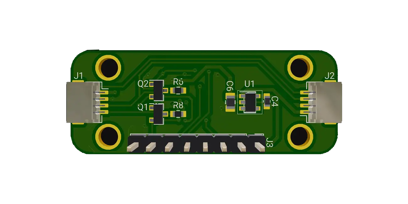 This is a reference design of a PCB utilizing the TMF8820-1AM time-of-flight (ToF) sensor from ams-OSRAM. It comprises electronic components such as resistors, capacitors, voltage regulators, and GPIO connectors. The logic signals are managed via Mosfets BSS138 while the Sensor IC is powered & controlled by a 3.3V AP2112K Voltage Regulator.