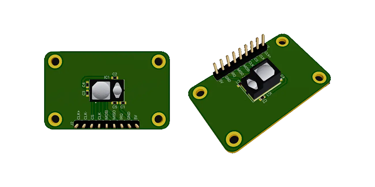 This project involves a Reference Design for the AFBR-S50LV85D by Broadcom, a time of flight sensor. It includes circuitry that implements SPI communication, with capacitors for smoothened DC supply. The core component, AFBR-S50LV85D, connects with the mandatory SPI and power nets.