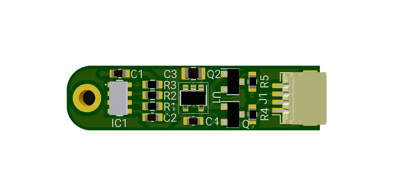 This project is a reference design for the VCNL3040 sensor interfaced via I2C. It includes a VCNL3040 ambient light sensor, a voltage regulator (AP2112K-3.3TRG1), an I2C level shifter using BSS138 MOSFETs, and necessary support components. Circuit interfaces through a JST connector. All components are powered by a 3.3V power source.