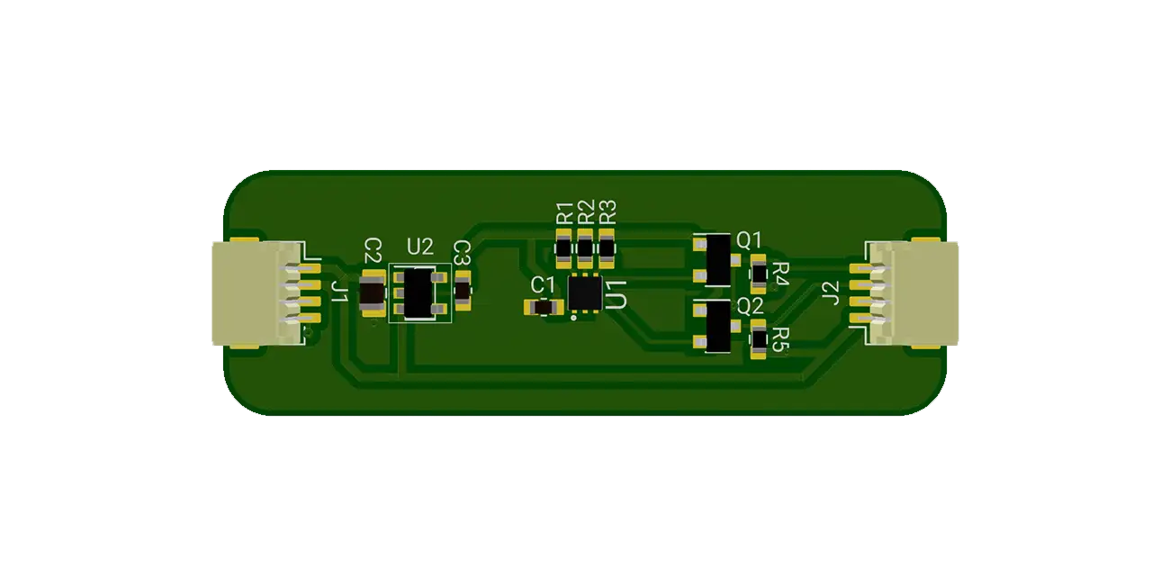 This project is a design for a UV sensor circuit based on the Lite-On LTR-390UV-01. Key components include a voltage regulator (AP2112K-3.3TRG1), level-shifting N-channel MOSFETs (BSS138), resistors, and capacitors. The circuit interface includes I2C communication and power connections, facilitated through JST connectors.
