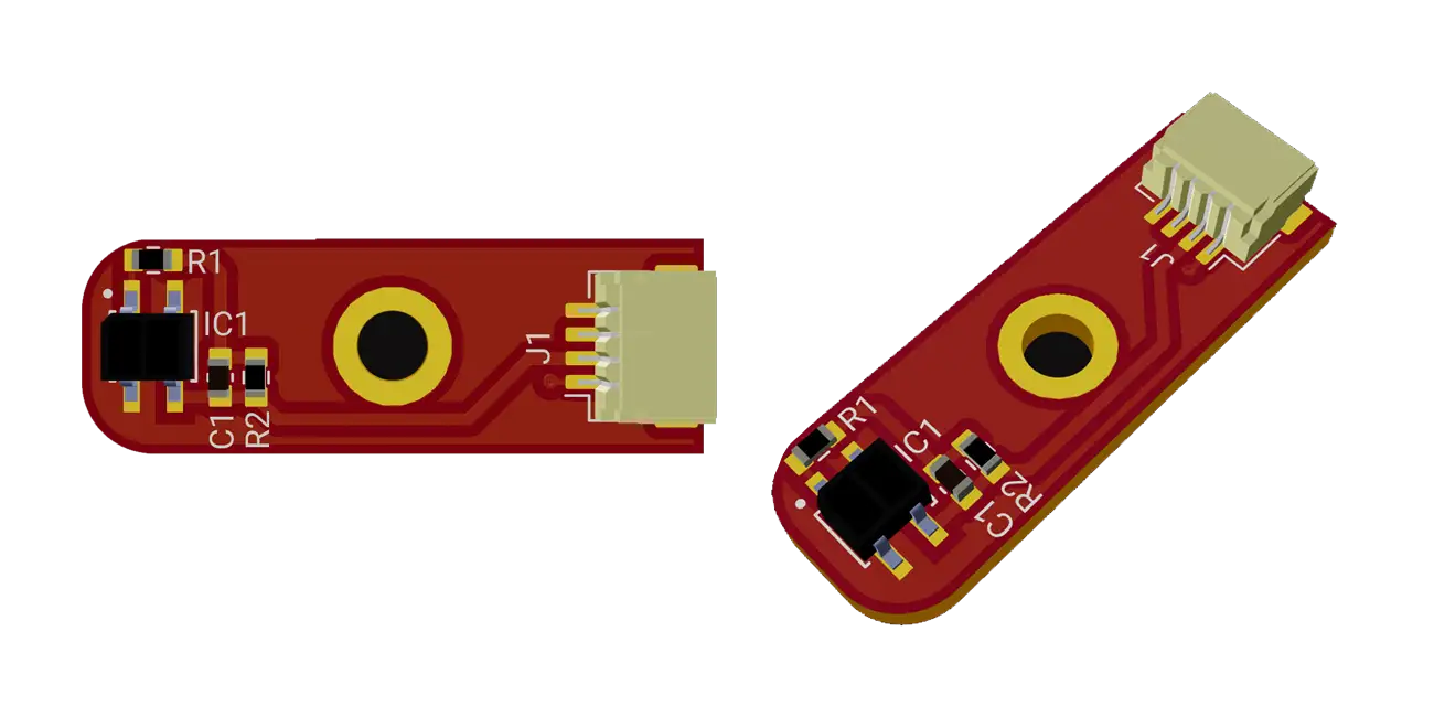This project is a QRE1113 opto-reflective sensor circuit, using a 47K pull-up resistor (R2) and a 100 Ohm resistor (R1). It includes a 1µF capacitor (C1) for stability and attaches to a JST connector (J1) for easy interfacing. Power is provided via VCC, with the output signal (OPTO_OUT) fed back.