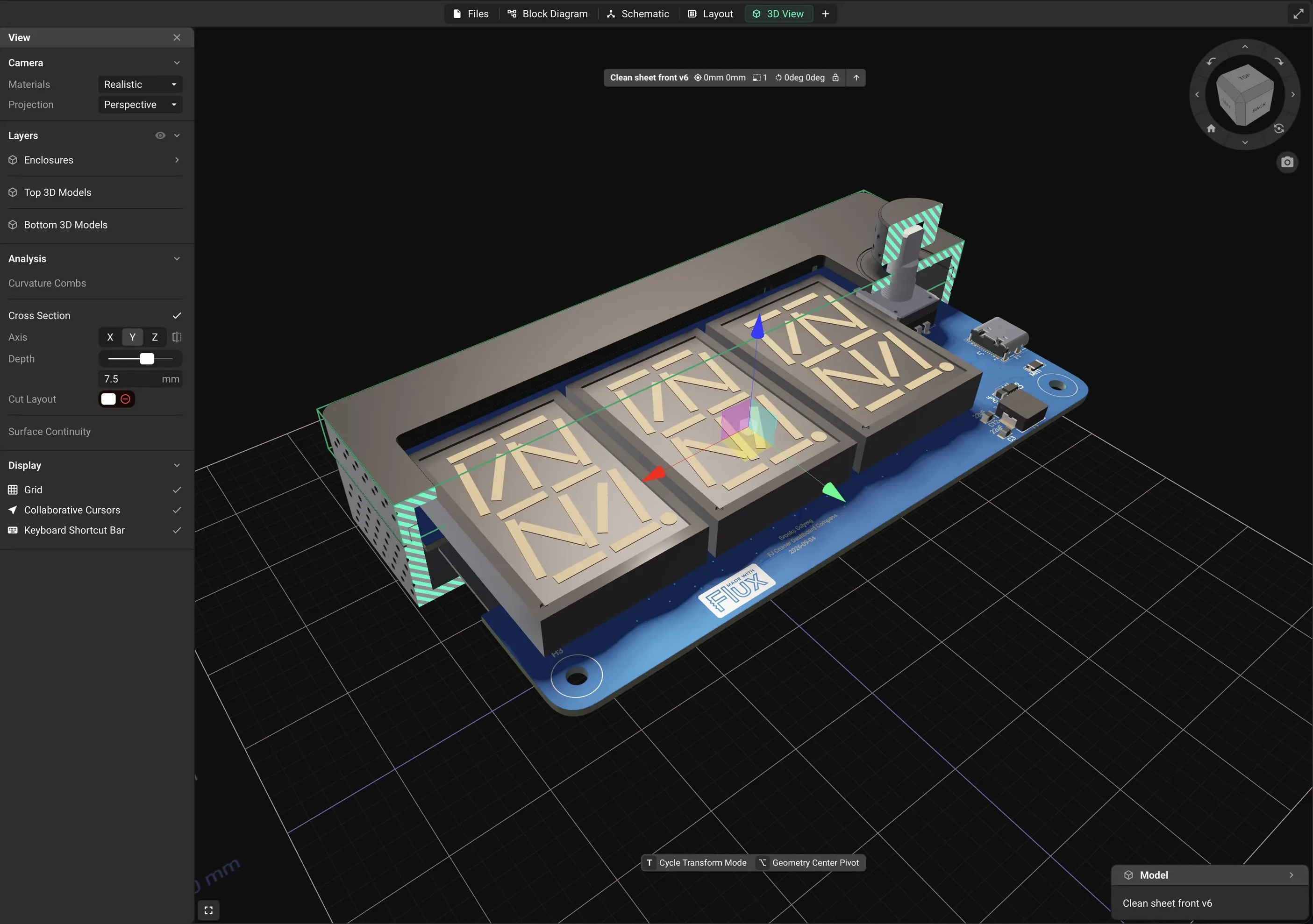 A cross section through an enclosure and its board in the Flux 3D View, with the Axis, Depth, and Cut Layout controls