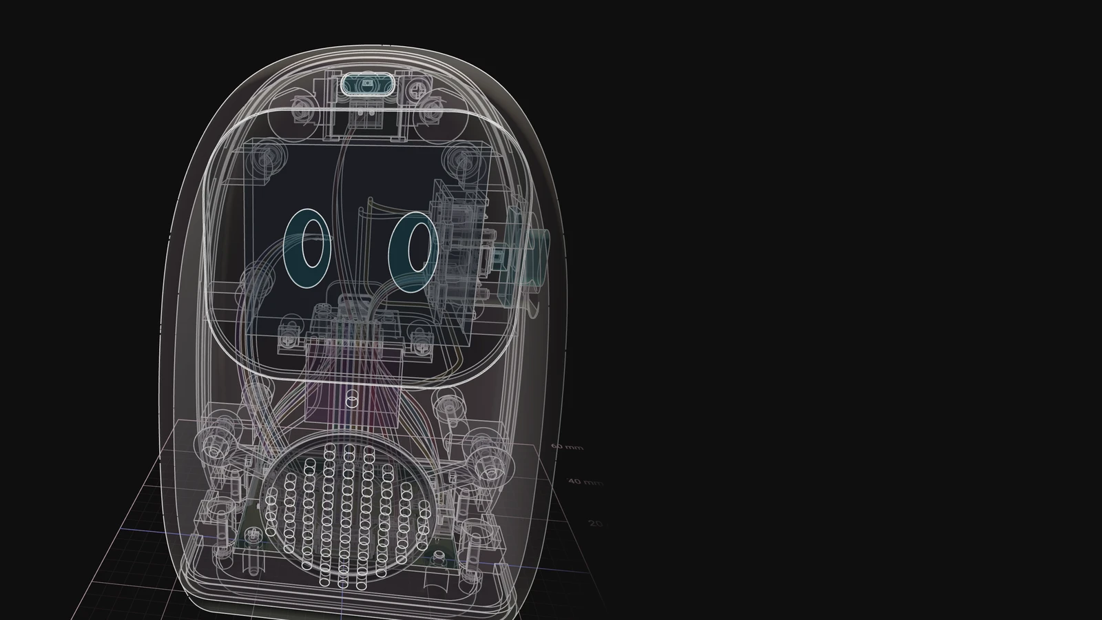 The Mini Muse in the Flux 3D View with X-Ray materials: the enclosure and the display, boards, wiring harness, and speaker inside it