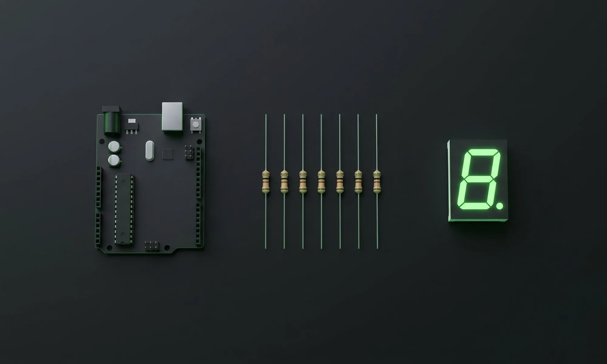 A 7-segment display wired to an Arduino with current-limiting resistors.