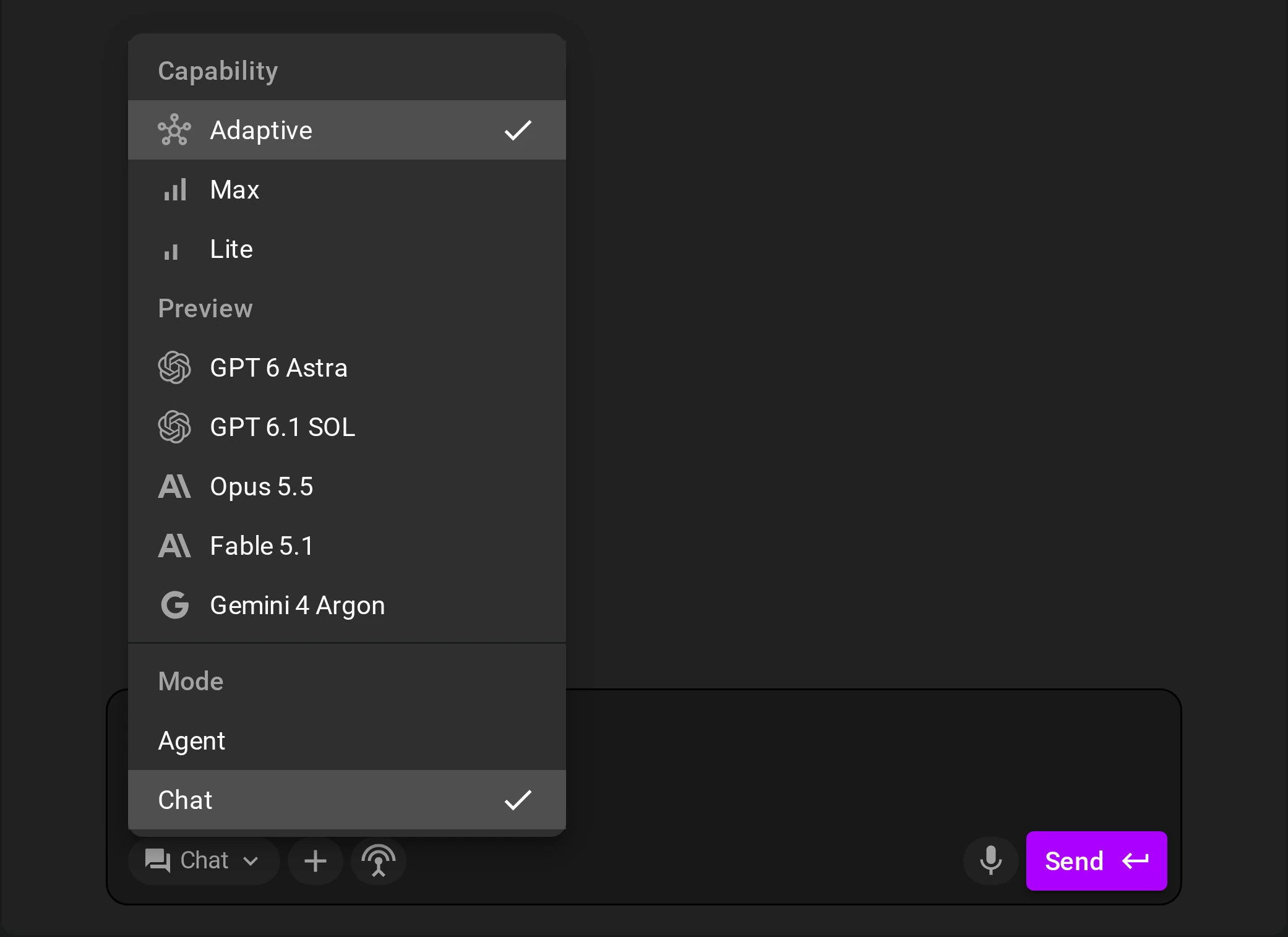 The model picker in the Flux chat box: Adaptive, Max, and Lite, preview models from OpenAI, Anthropic, and Google, and the Agent and Chat modes