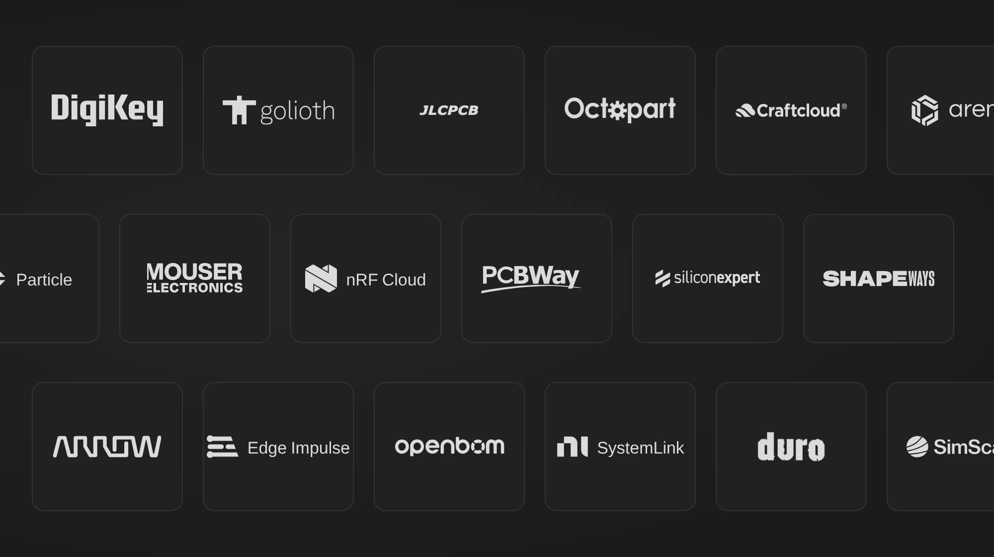 A wall of logos for services that the Flux agent can use with your API keys: Digi-Key, Mouser, Arrow, JLCPCB, PCBWay, Craftcloud, Shapeways, Golioth, Particle, nRF Cloud, Edge Impulse, Arena, OpenBOM, Duro, Octopart, SiliconExpert, NI SystemLink, and SimScale