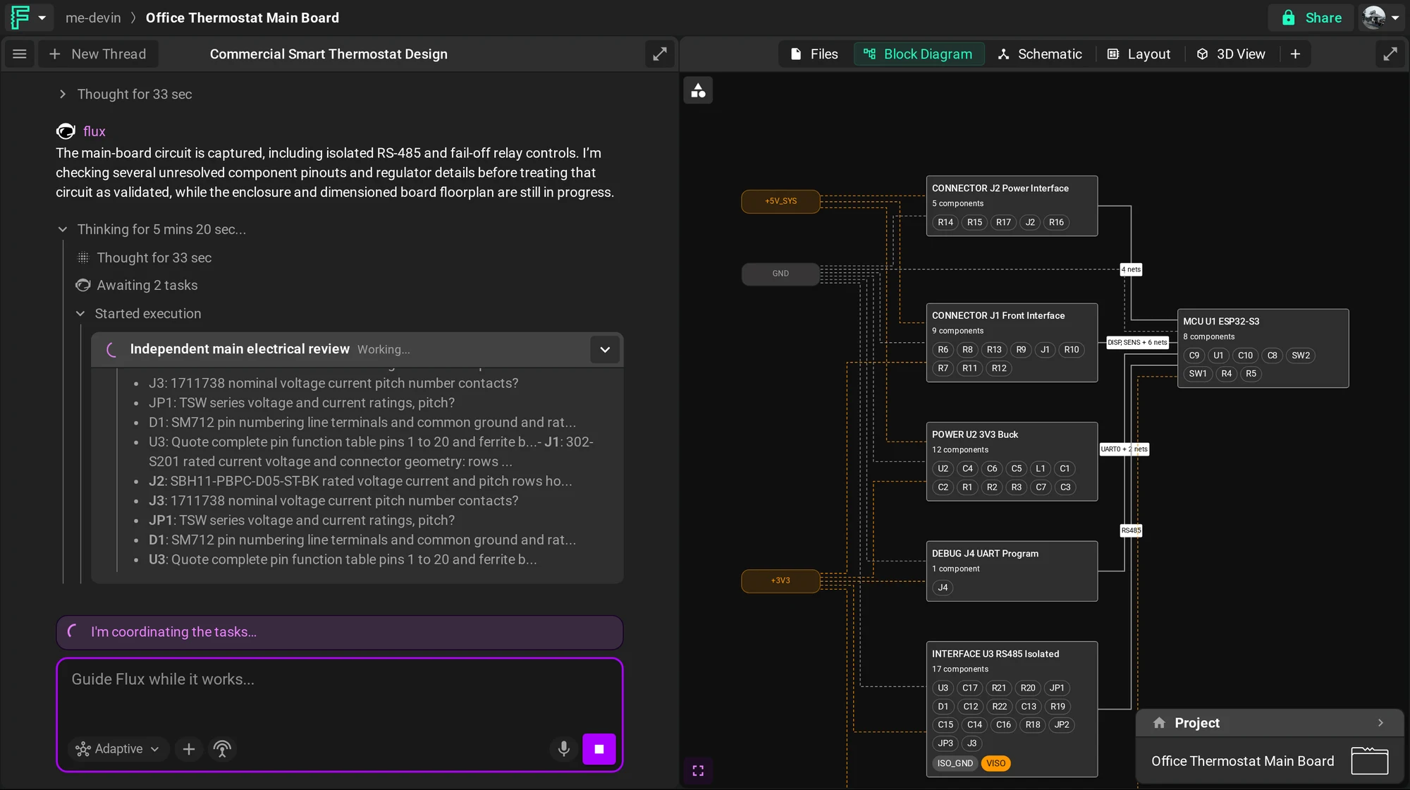 Work in progress in Flux: the main board of a smart thermostat is captured in the block diagram, while a side thread reviews the electrical design and Flux coordinates the tasks