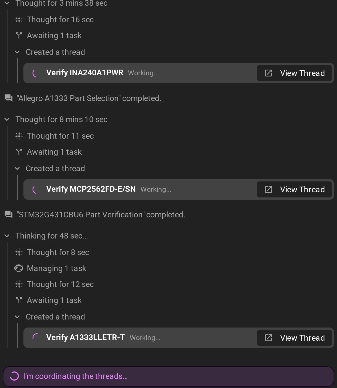 Cards in the Flux chat for three agents that each verify one part in its own part project, with a View Thread button that opens that project