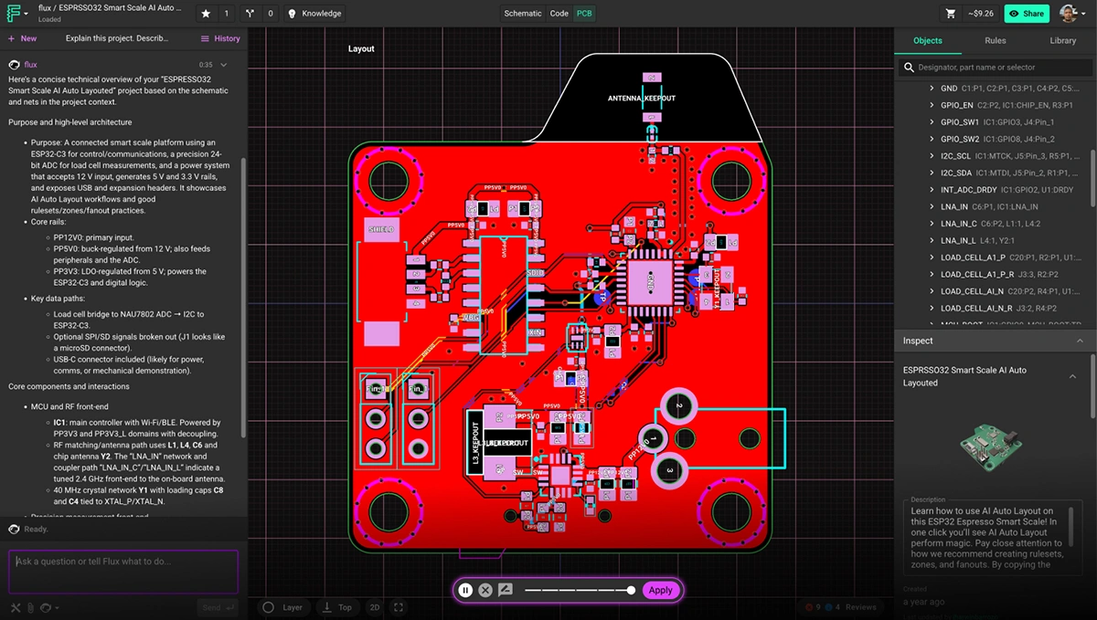 ESP32 Espresso Smart Scale, an example PCB project that has been auto-routed using Flux AI Auto-Layout
