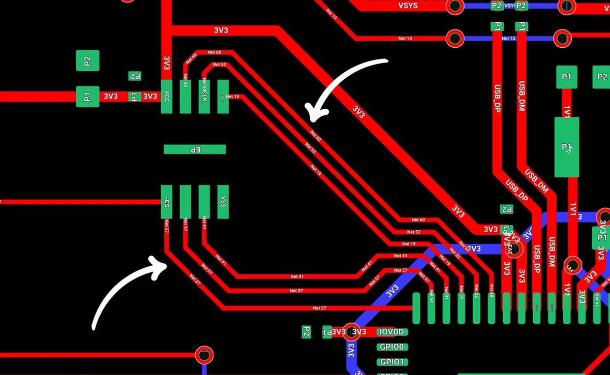 A pcb board with traces on 2D, pointing out how AI Auto-Layout routed the traces with less layer transition, meaning less vias for lower production costs.