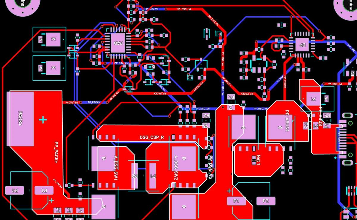 A complex pcb layout routed by Flux Auto-Layout, visible are large power planes and polygons with minimal number vias in between copper traces.