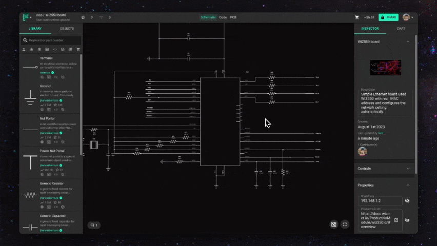 A schematic diagram of a project on Flux showing an electrical engineer accessing the Copilot shortcut