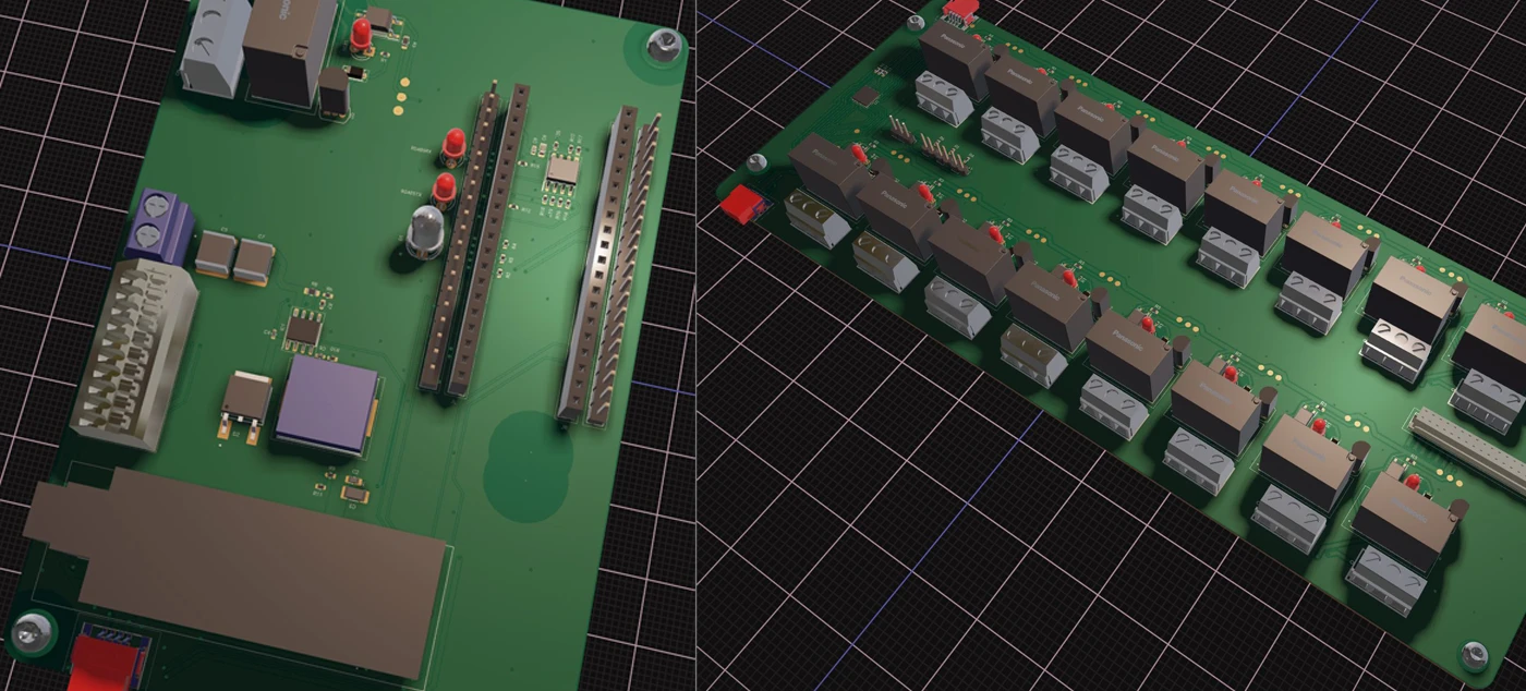 The image showcases two views of an electronic circuit board design, likely related to agricultural automation. On the left, the board features various electronic components, including capacitors, resistors, and connectors, laid out in a neat arrangement. On the right, a different perspective shows a series of identical modules or relays mounted in a row, each with connectors and indicators like LEDs. The design is rendered on a grid background, indicating that this is a 3D model or schematic for a printed circuit board (PCB) used in an automated system, possibly for controlling irrigation or other farming processes.