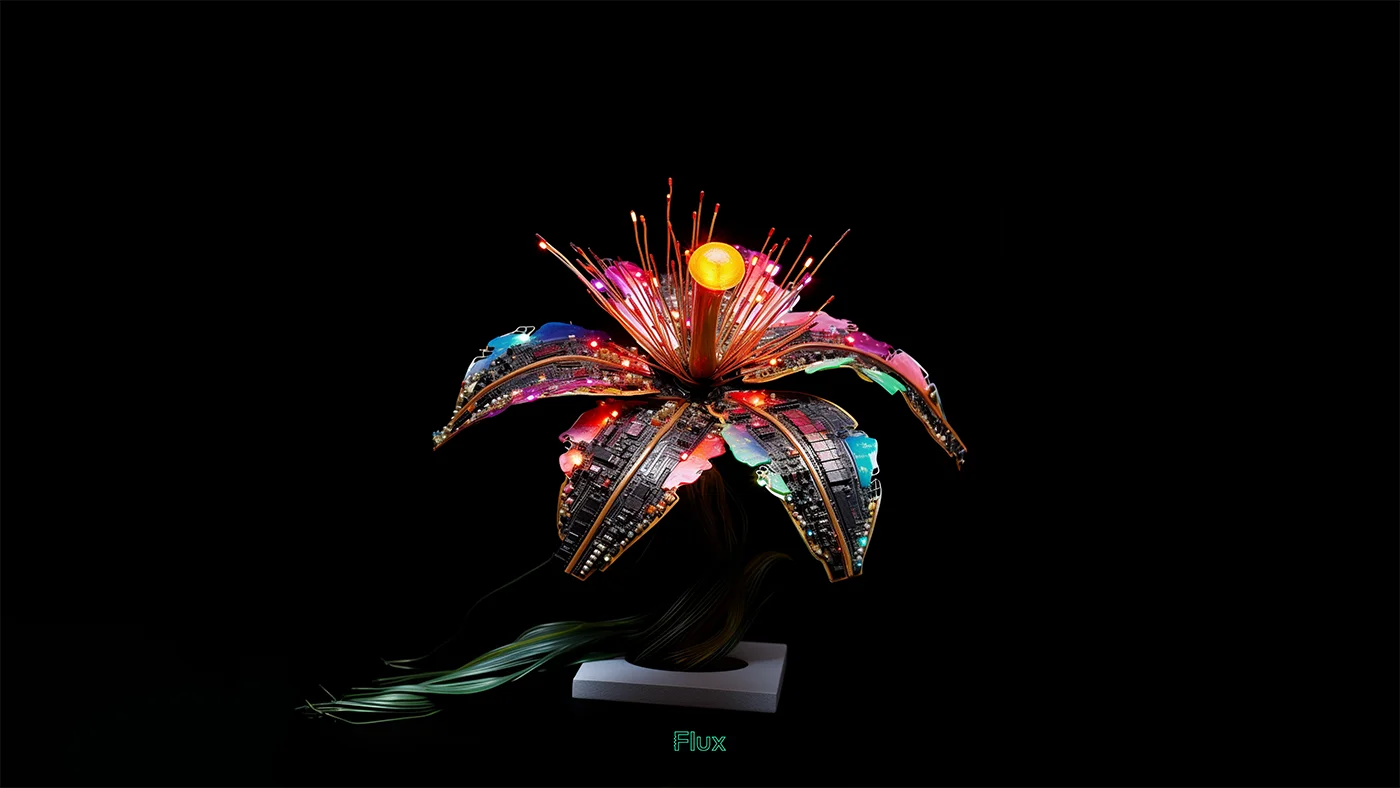 A striking piece of digital art featuring an abstract, plant-like structure that bursts with vibrant colors and dynamic lighting. This fantastical creation sports fronds that arc gracefully outward, adorned with a spectrum of neon lights, glittering patterns resembling surface-mounted components and ICs, and radiant gem-like elements. The central orb glows warmly, casting a phase array of light rays in pink, orange, and yellow, simulating a lively energy source. The sculpture appears to float against a pitch-black backdrop, with a wispy, green tendril-like element gently descending towards a minimalist white pedestal at the bottom of the frame, adding a touch of motion and contrast to the composition.