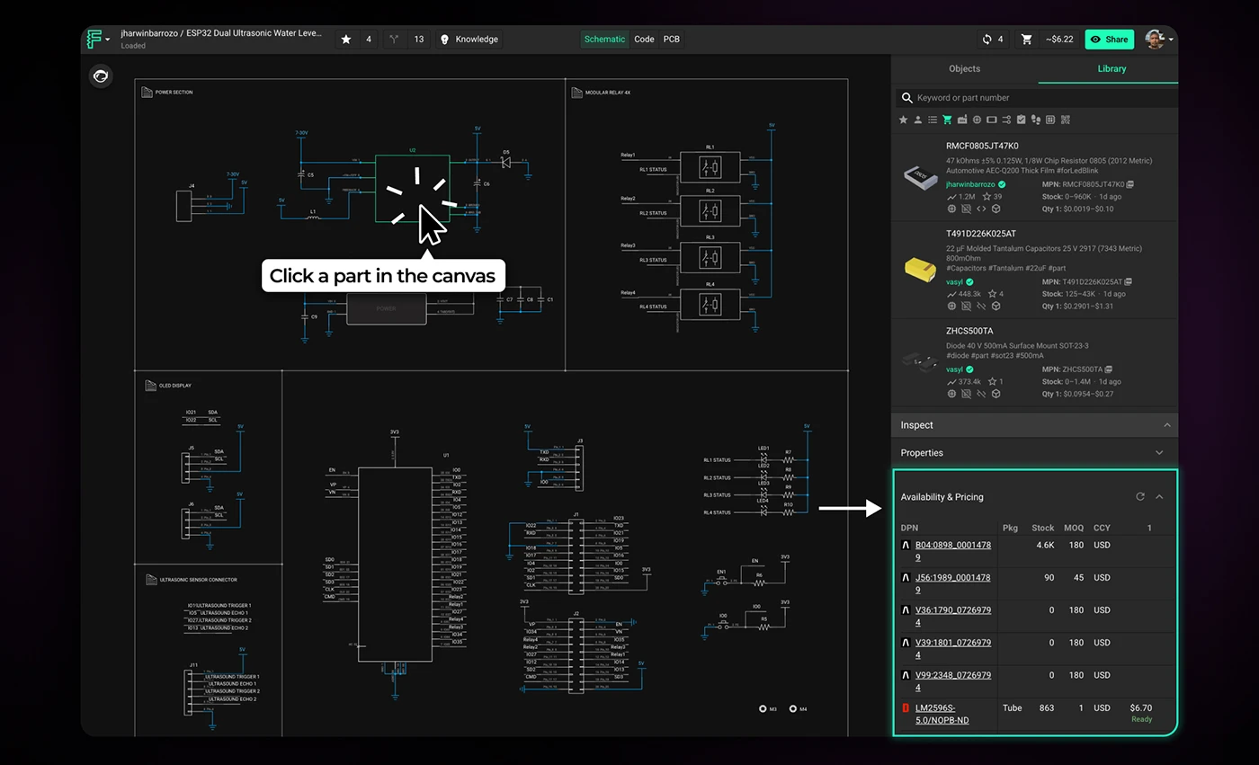 Click on a part in your editor to pull up real-time availability at the bottom of the inspector.