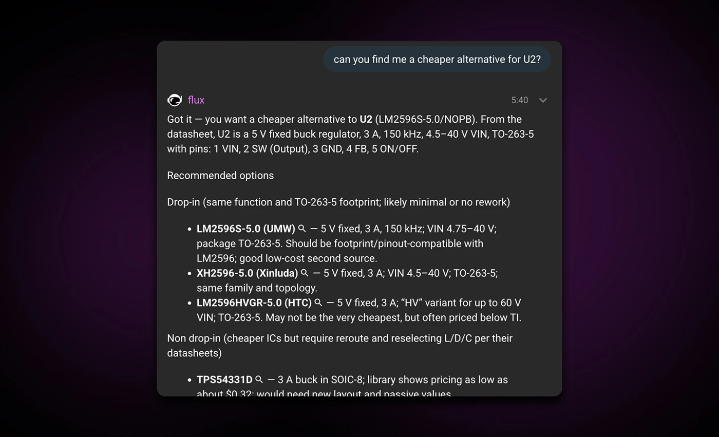 How to prompt the AI in Flux to find a cheaper drop-in replacement or alternative to a specific component in your project