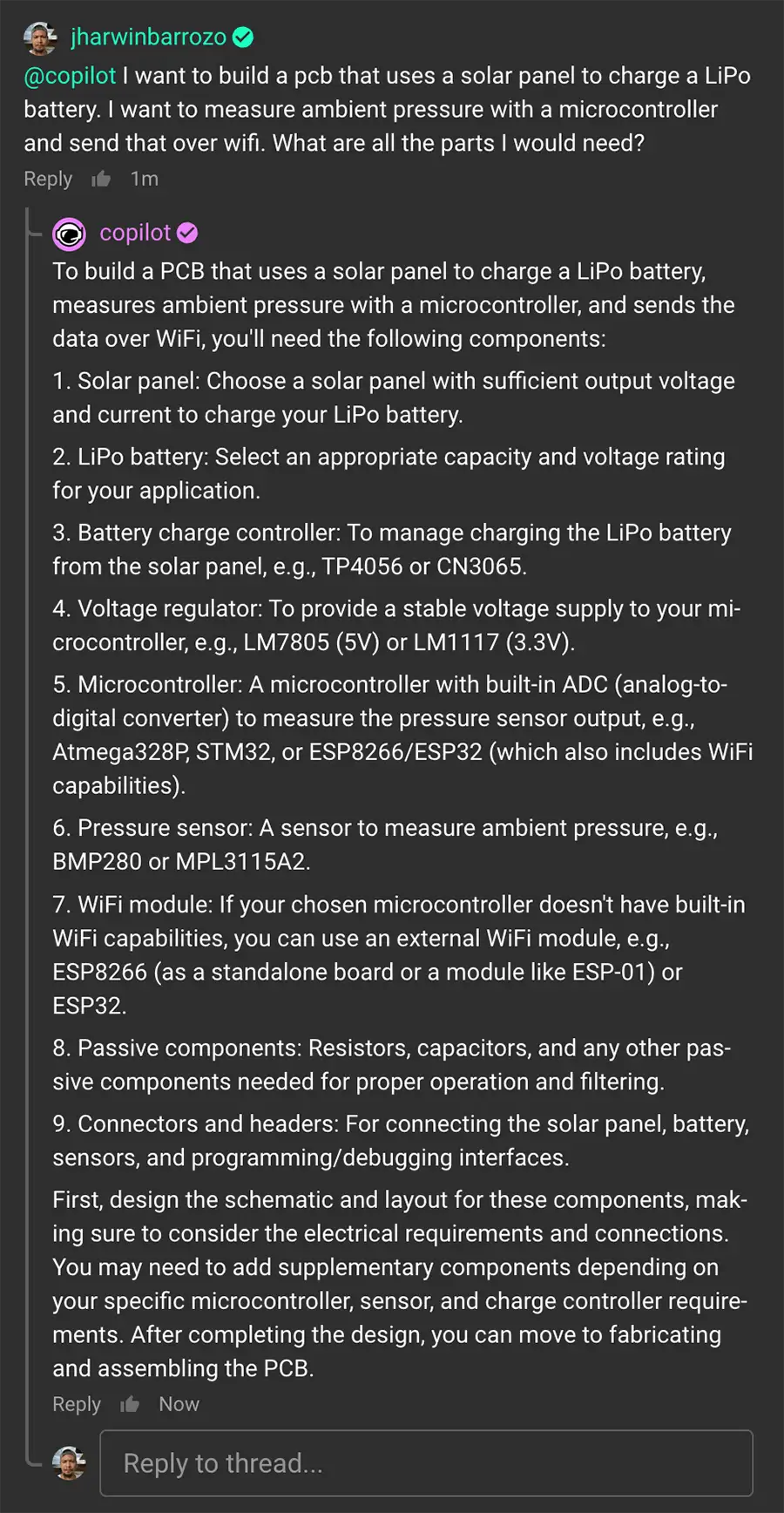 Flux Copilot chat screen showing Copilot can generate a bill of materials (BOM) for a target project, providing a comprehensive list of components and their quantities required for the design.