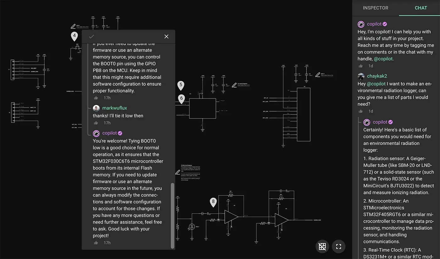 Flux copilot chat screen showing you can ask Copilot how to connect electronics parts for you
