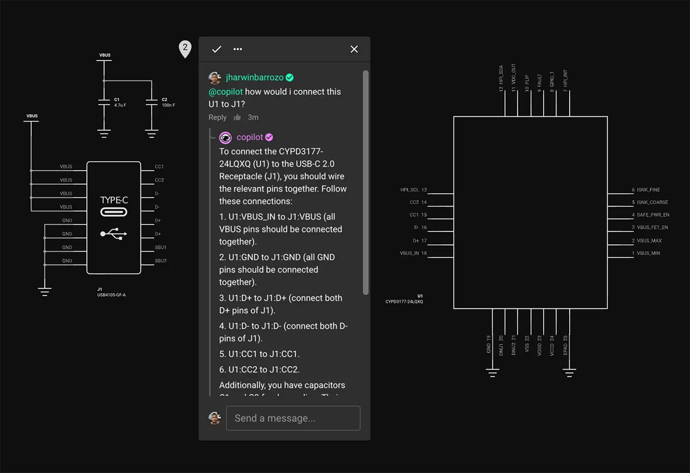 Flux copilot chat screen showing you can ask Copilot how to connect electronics parts for you