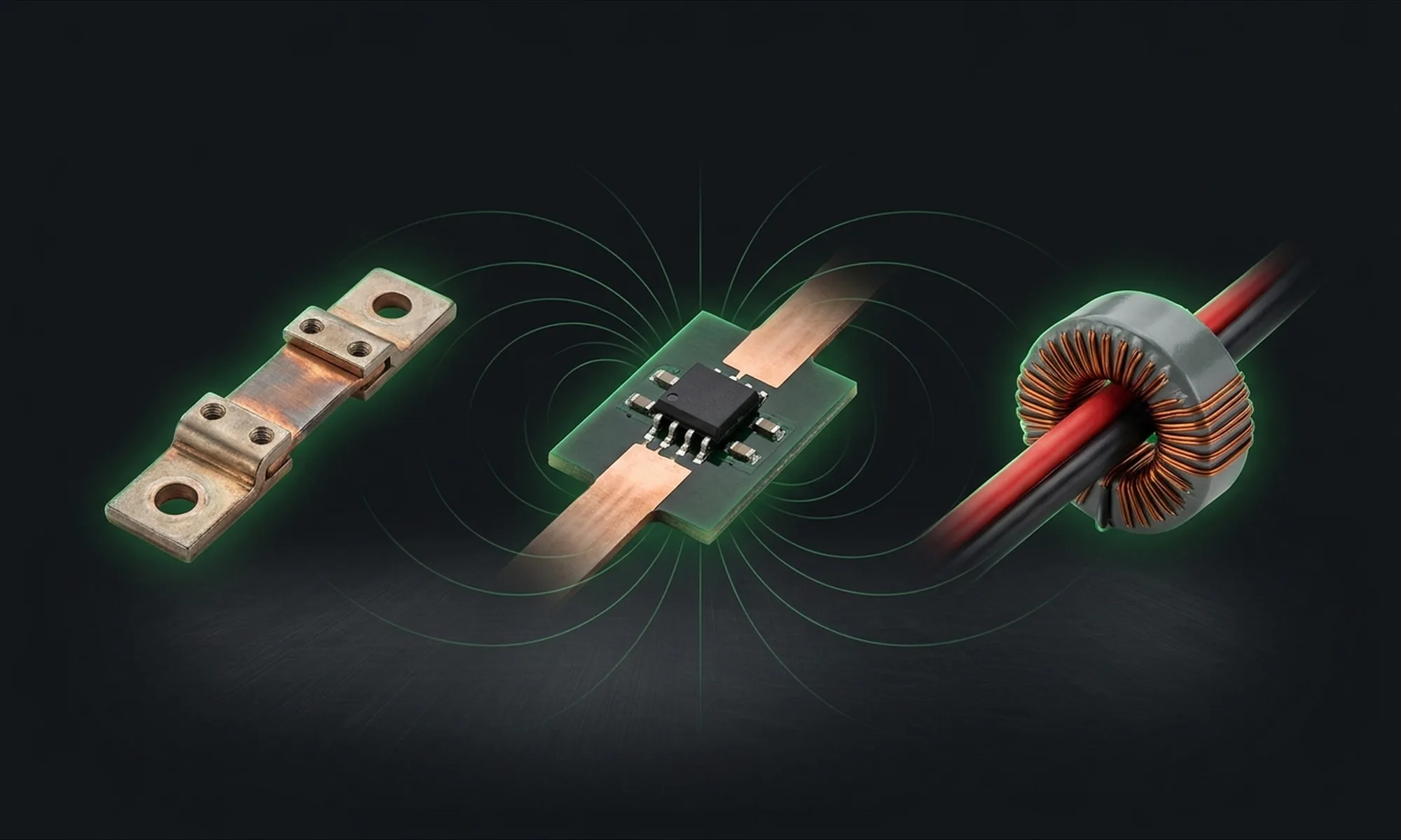 Shunt resistor, Hall-effect, and current transformer current sensors compared.