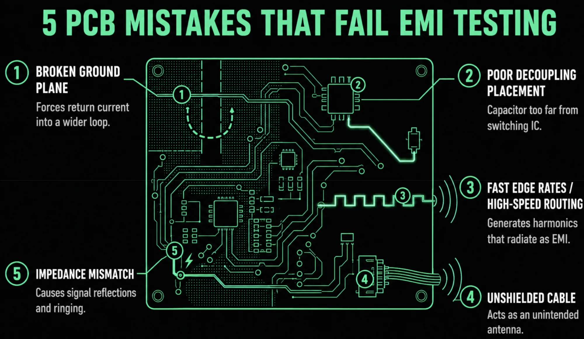 Five common EMI failure points on a PCB: broken ground planes, poor decoupling placement, fast-edge routing, unshielded cables, and impedance mismatches.