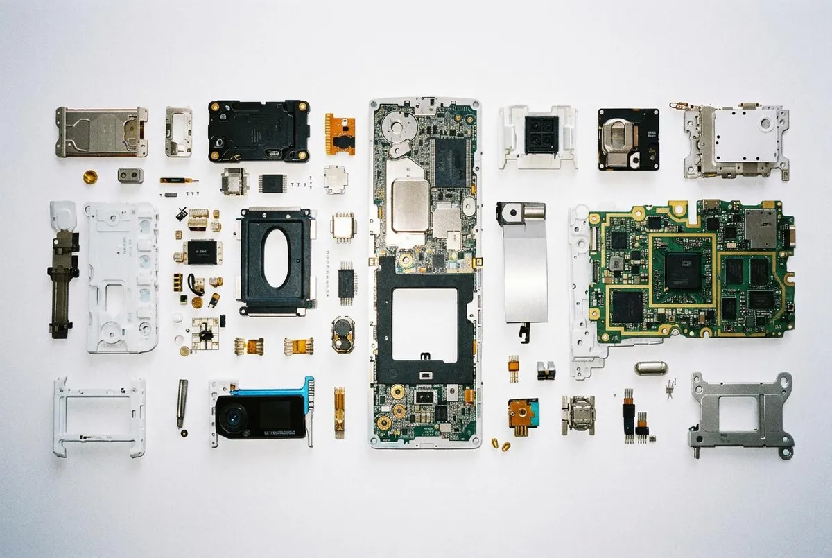 An electronic device taken apart, with every component laid out. Anyone who buys a product can do this, so a trade secret that a teardown would reveal stops being a trade secret once the product ships.