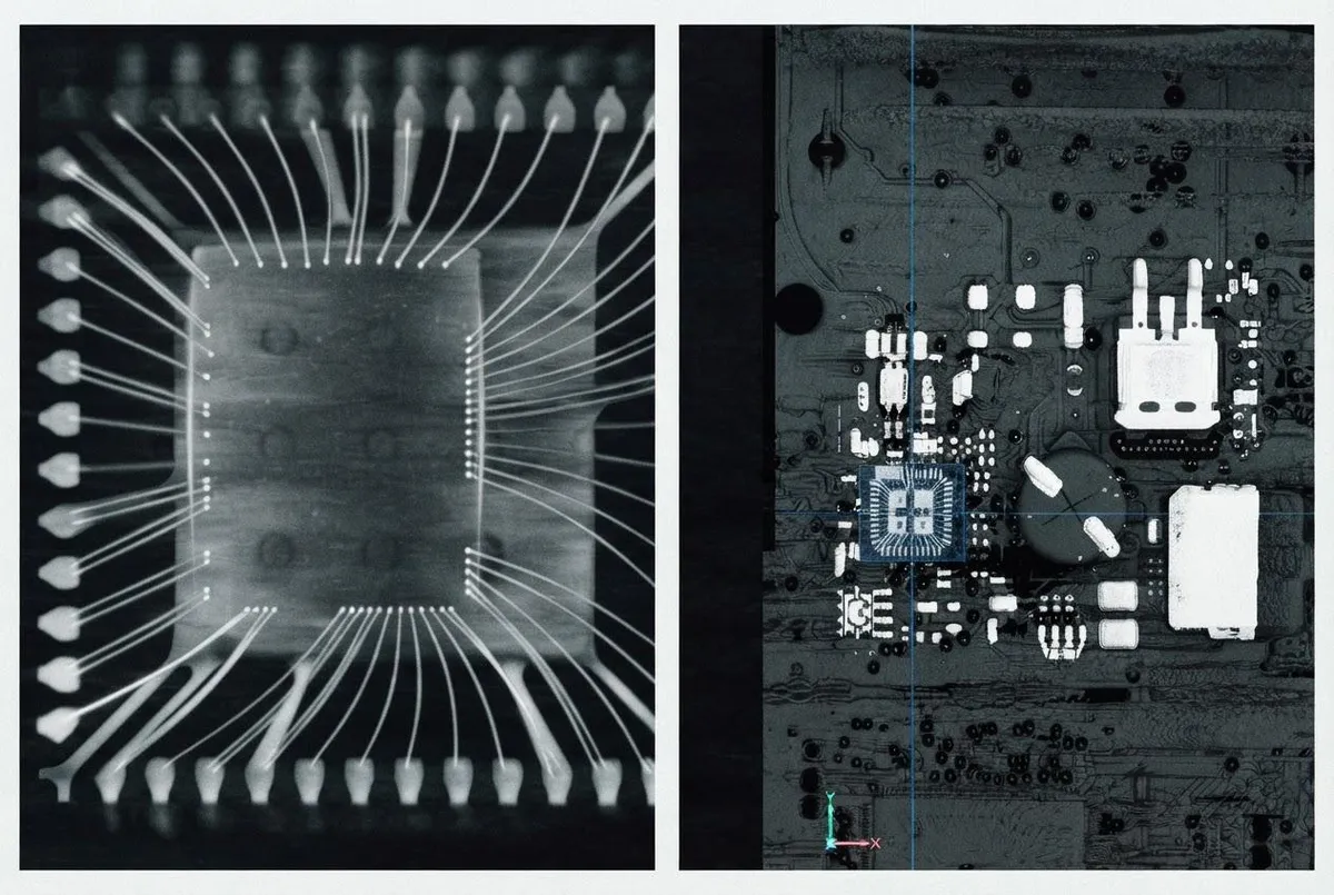 X-ray images of chip bond wires and a circuit board inside a device