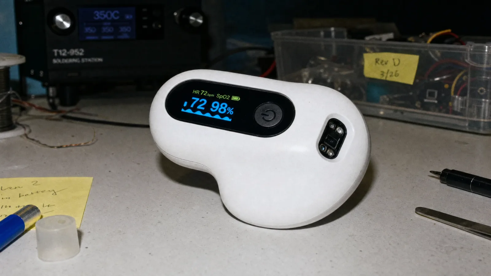 A working pulse oximeter prototype on an electronics workbench