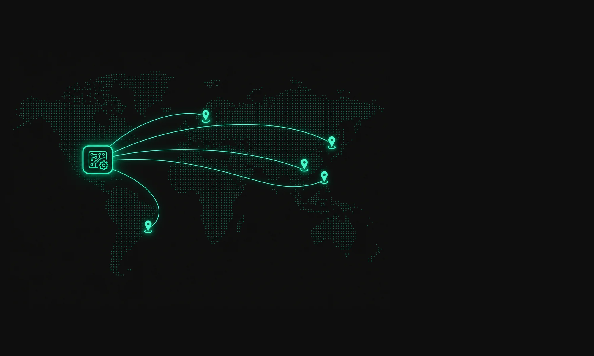 Illustration of a world map with five locations, all linked to one shared Flux project