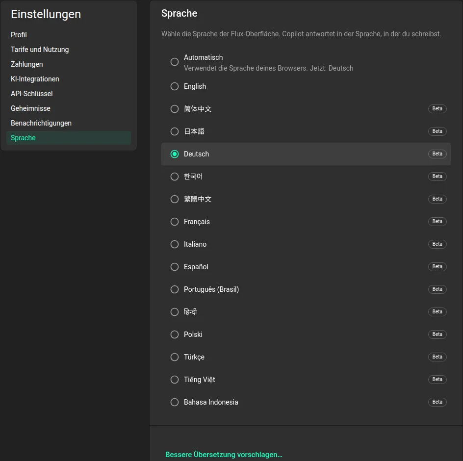Settings, Language in the Flux app in German, with Automatic, English and 14 more languages