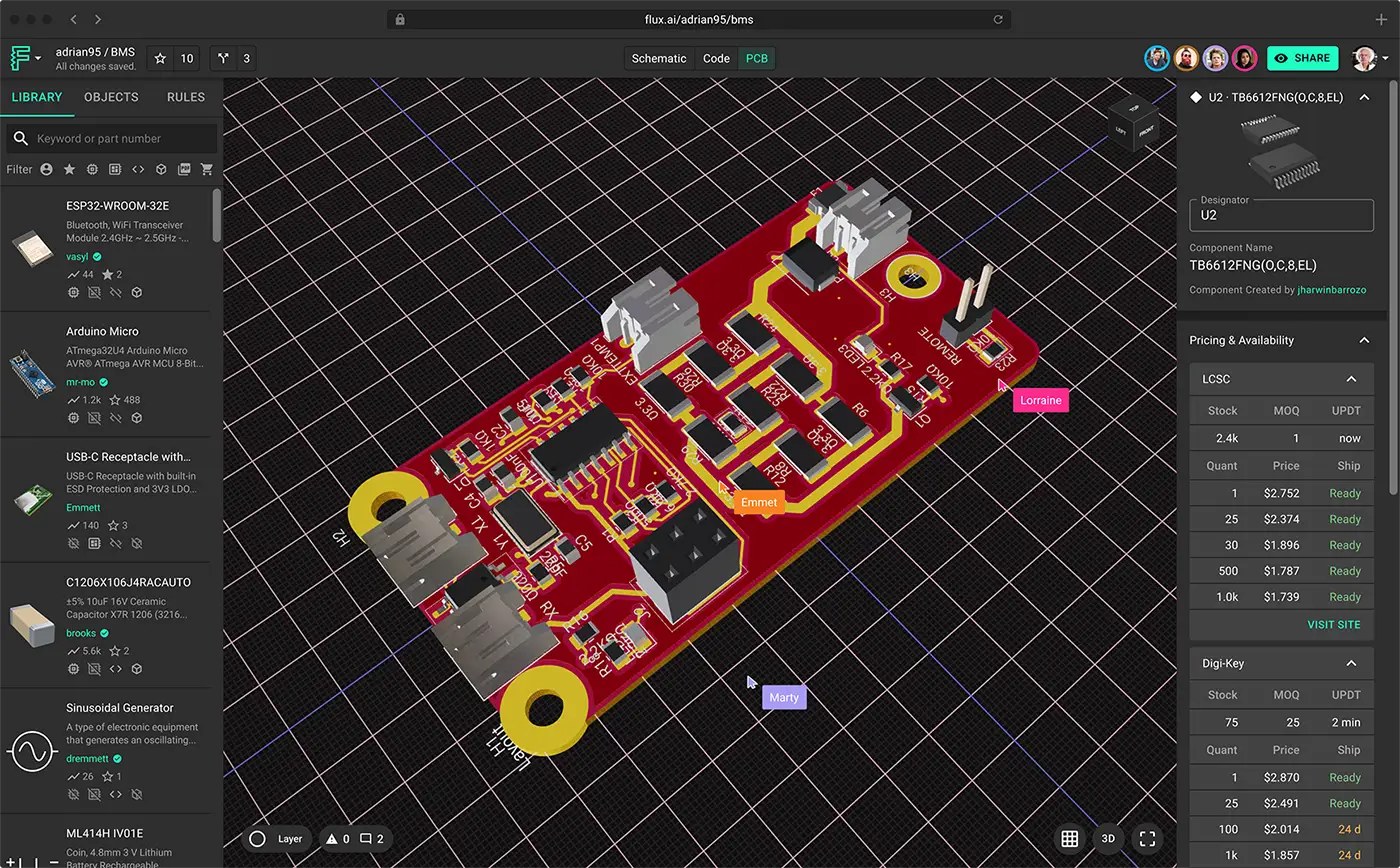 Flux app screenshot showing the PCB 2D editor and 3D viewer, as well as collaborators interacting with components on 3D in real time. In the right side is the pricing and availability panel where you can see the updated break prices and availability of the components you have in your project.