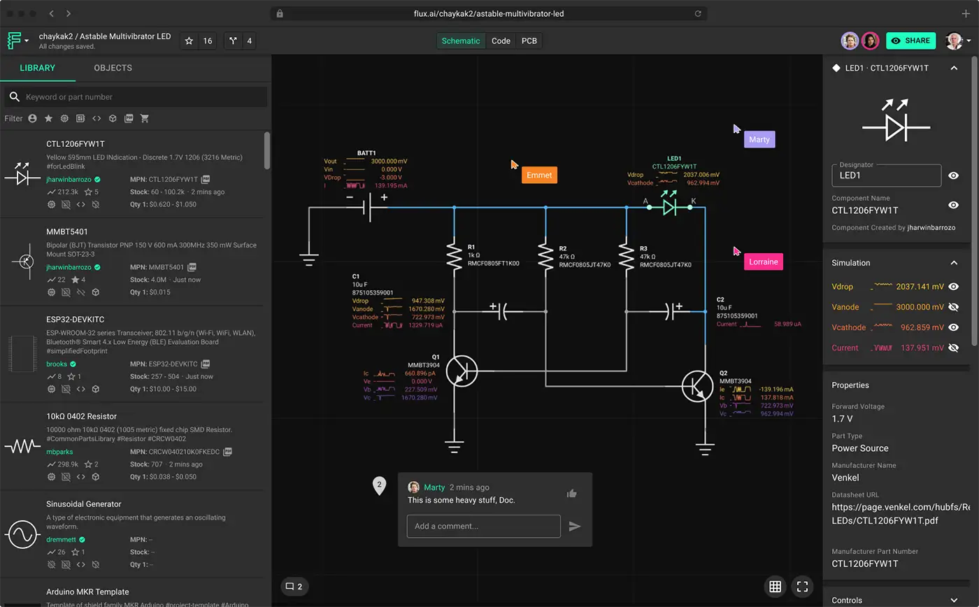 Flux app screenshot showing simulation happening on the schematic diagram, as well as collaborators interacting with components, in the left side is the Flux component library where you can see parts and components created by the open-source community.