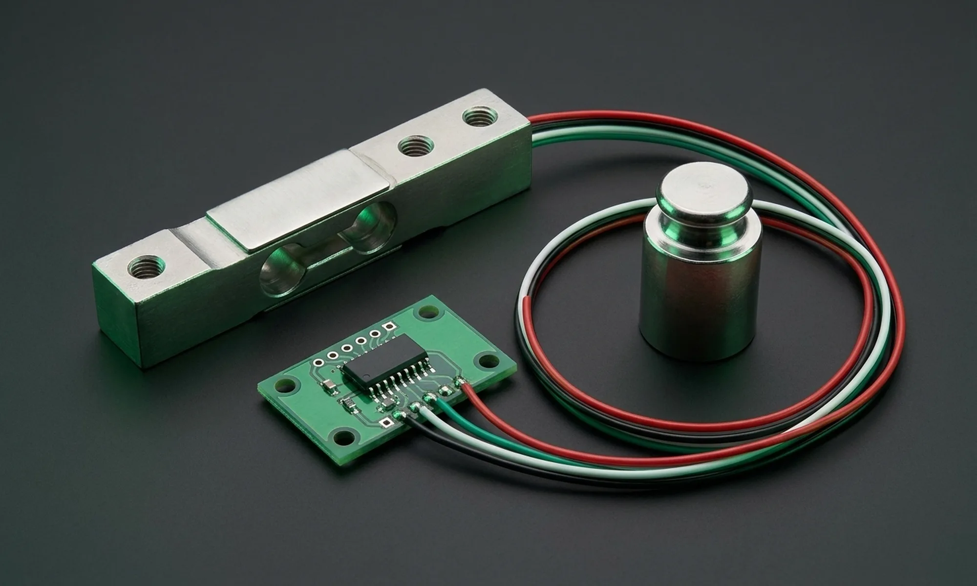 An HX711 load cell amplifier board connected to a load cell and an Arduino.