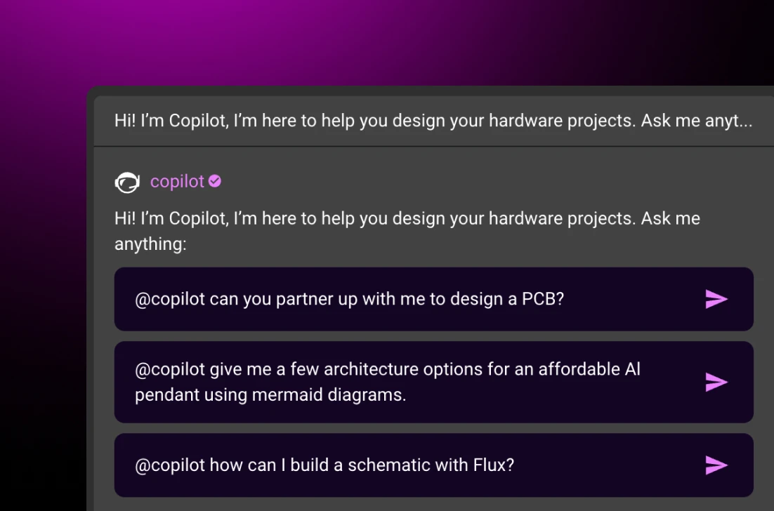 Screenshot of a chatbot interface with a purple gradient background, showing Copilot's responses to user queries about hardware design. The Copilot chatbot introduces itself as a tool for assisting with hardware projects, and users ask questions related to PCB design, architecture options, and building schematics using Flux.