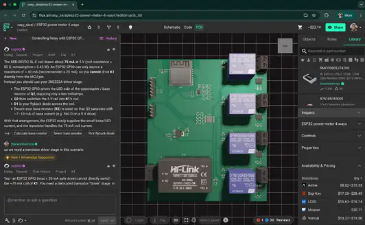 Screenshot of the Flux app showing a PCB in 3D mode