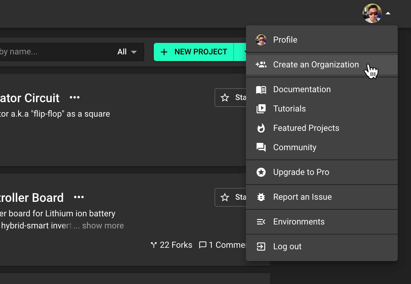 A profile page of a hardware engineer where there is a navigation menu where you can create an organization on Flux.