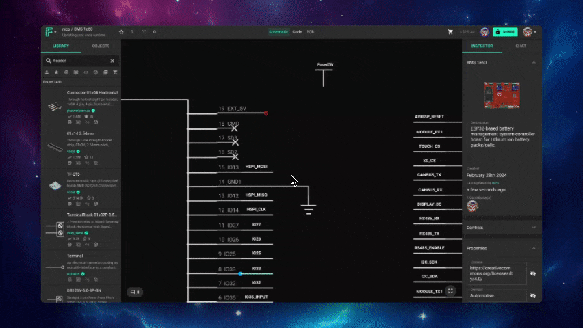 The image is an animated GIF showing the interface of the Flux PCB design software, where a user is interacting with a schematic layout. The cursor is seen connecting lines to various components, likely to establish electrical connections within the circuit design. The labels on the schematic components, such as HSP_MISO and HSP_CLK, indicate the use of high-speed signal pins, while EXT_5V suggests an external 5-volt power supply connection.

On the left side of the screen, the 'LIBRARY' panel is open, displaying a list of components like connectors and terminals that can be added to the schematic. The right side of the screen features an 'INSPECTOR' panel, where a thumbnail of a PCB design, the name BMS 16s60 along with a description labeling it as a battery management system controller board for lithium battery packs, is visible, along with metadata including the creation date, author's name, and tags such as 'Automotive'.

The top of the interface shows tabs labeled 'Schematic', 'Code', and 'PCB', indicating the software's multi-functional capabilities for designing and programming PCBs. The overall animation shows the process of editing a schematic, highlighting the detailed and precise nature of electronic design work. The background behind the software's user interface continues with the cosmic theme, providing an attractive visual continuity.