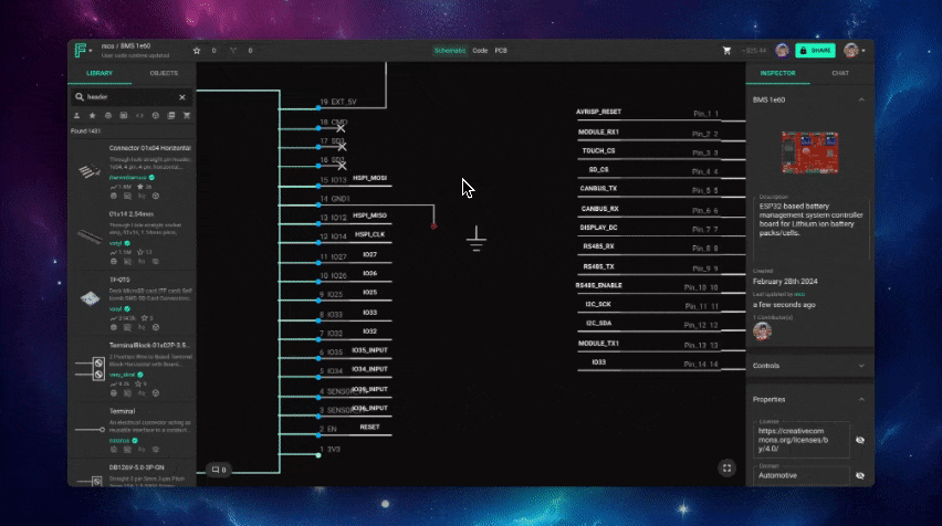 The image is an animated GIF displaying the user interface of the Flux PCB design software, capturing a user's interactions with an electronic schematic. The animation illustrates a cursor that is connecting a series of net labels or pins, outlined in blue, to corresponding components in the schematic, likely mapping out the signal paths or power connections.

The left side of the interface presents the 'LIBRARY' section, showcasing a searchable catalog of electrical components such as connectors and terminals, which users can add to their schematic. On the right, the 'INSPECTOR' section is visible, showing details for a selected component, the BMS 16s60, which is described as a battery management system controller board for lithium battery packs, along with metadata including its creation date, creator's name, and associated tags like 'Automotive'. The thumbnail of the board indicates it's a physical representation of what the schematic will translate into upon completion.

Above, the interface includes tabs for 'Schematic', 'Code', and 'PCB', suggesting the software's comprehensive capabilities for not only designing PCB layouts but also coding and viewing the physical board layout. The background maintains a space-themed aesthetic, providing a visually pleasing backdrop to the technical work. This GIF demonstrates the schematic editing process in a visually engaging and informative way, showing the meticulous process of PCB design.
