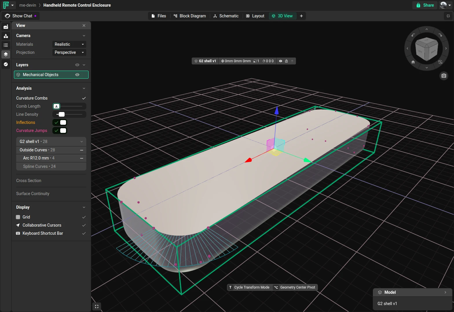 Curvature Combs on the selected shell with one curve turned on: a cyan comb on the R12.0 mm arc at the front-right corner nearest the camera, pink markers show curvature jumps, and the curve list shows 28 outside curves, with 4 R12.0 mm arcs and 24 spline curves