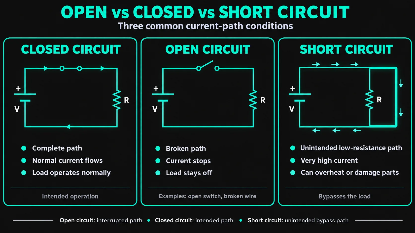 Comparison of Open vs Closed vs Short Circuit