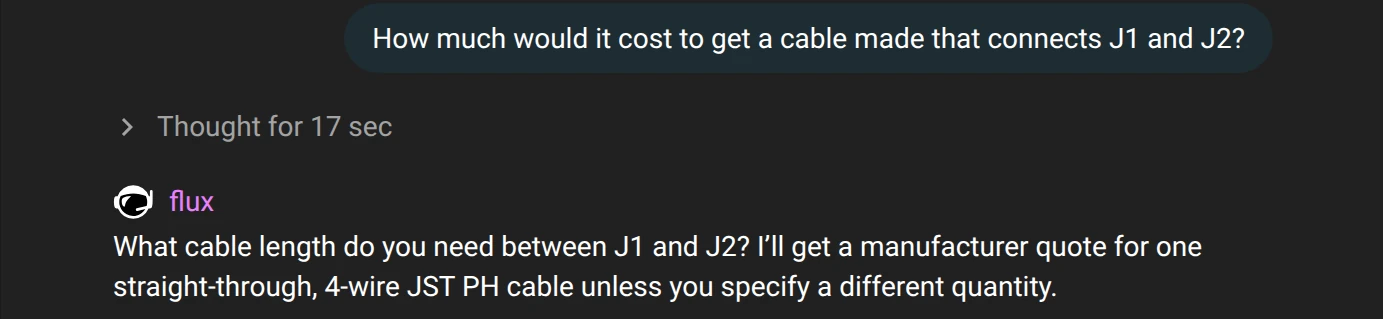 Flux chat: the user asks how much a cable that connects J1 and J2 costs. Flux asks what cable length the user needs between J1 and J2