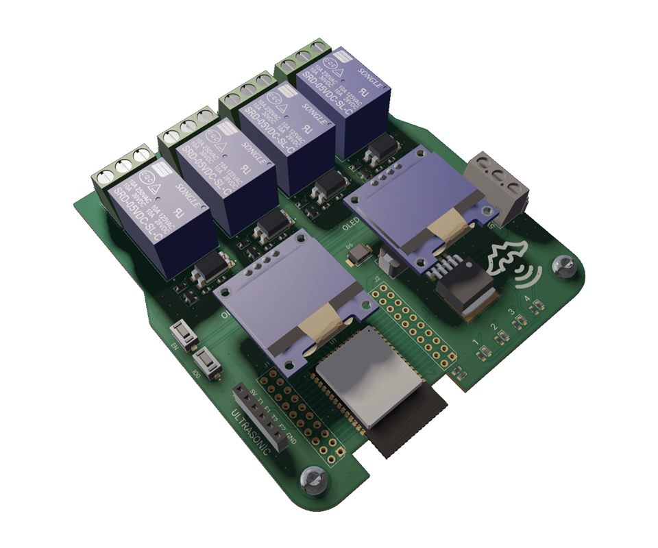 3D PCB view of Dual Ultrasonic Water Level Monitoring System
