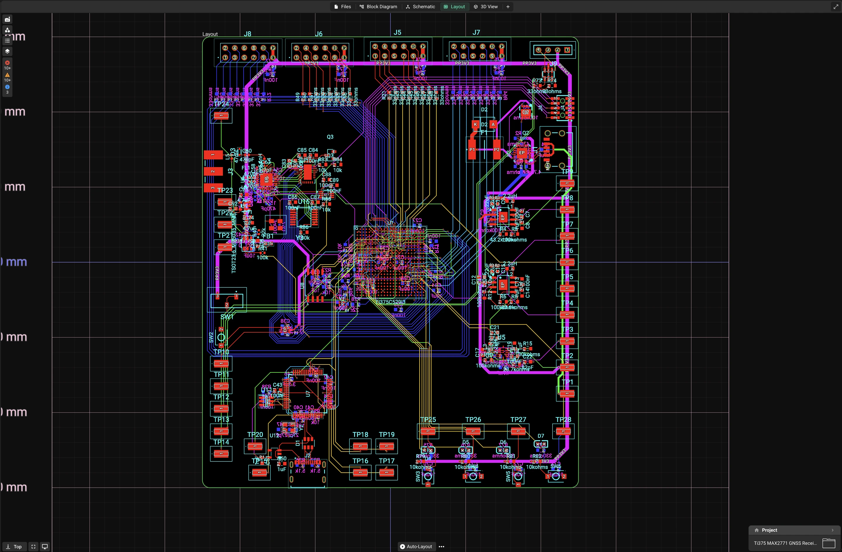 Board layout of a GNSS receiver (MAX2771) with a Ti375 FPGA in a BGA package, with dense fan-out routing, in Flux.