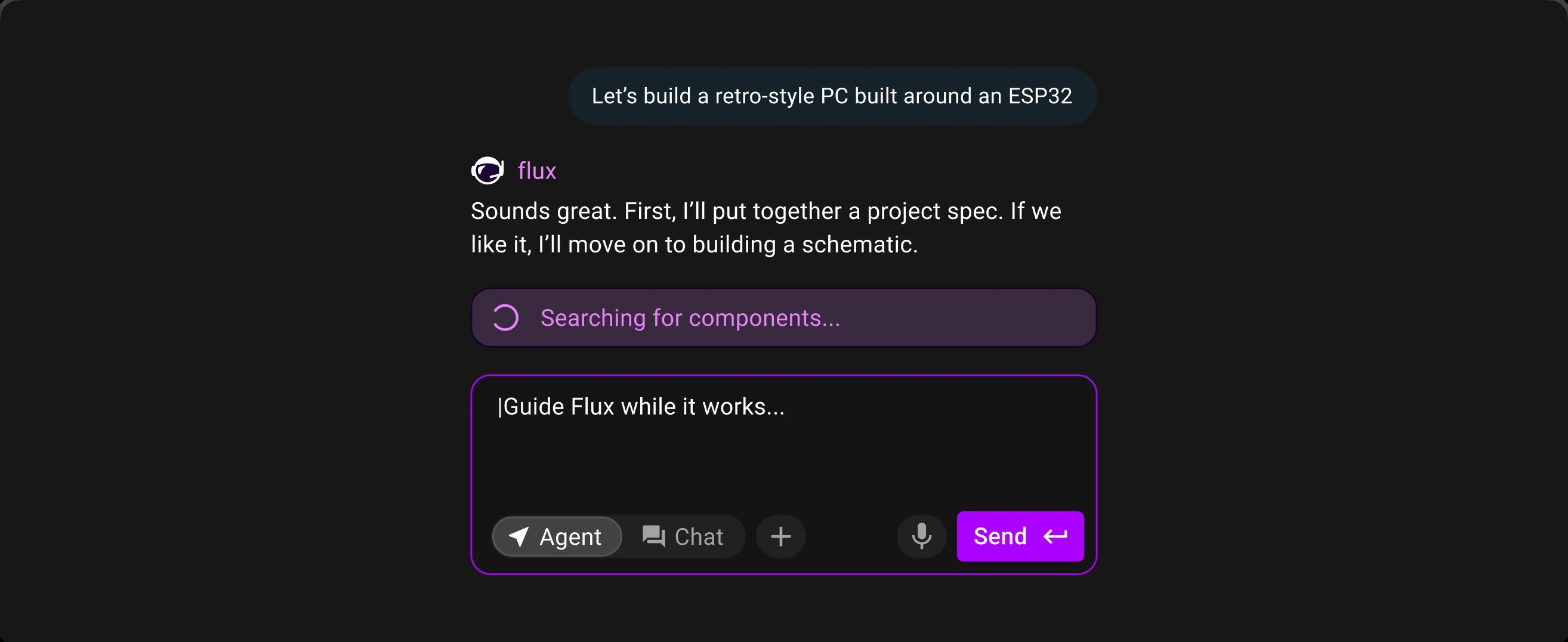 Flux AI agent planning an ESP32 retro PC and searching for components