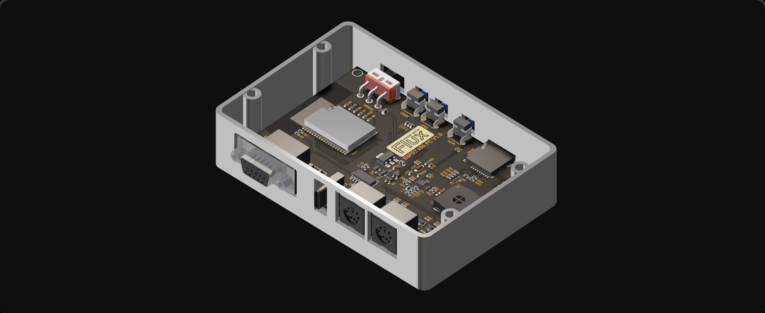 3D view of an ESP32 PCB laid out and routed with AI in Flux